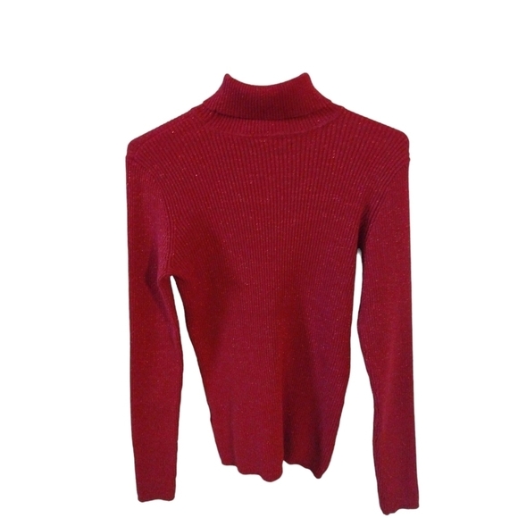 Red Shimmer Turtleneck Ribbed Basic Editions Long Slve Sweater Holiday Festive L - Picture 7 of 9